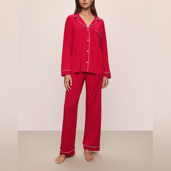Eberjey Pajamas Gisele TENCEL Modal Long Set Haute Red/Ivory sleeve shirt pants - Picture 1 of 12